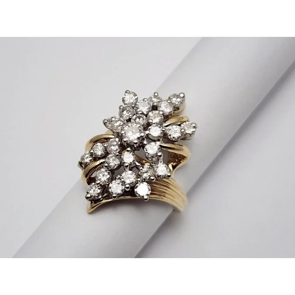 Unique 14K Karat Solid Yellow Gold Designer Round Diamond Cluster Ring - Size 6